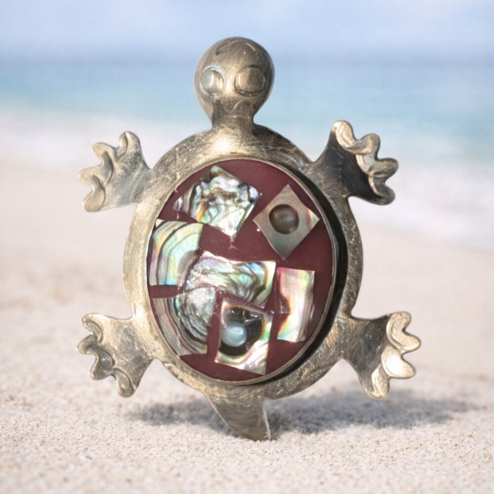 Mexican Alpaca & Abalone Turtle Brooch Pendant Pin Vintage